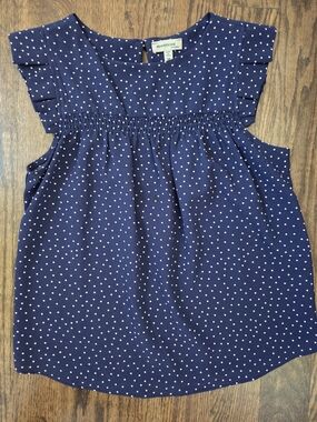 Monteau Navy and White Polka Dot Flutter Shoulder Sleeveless Top